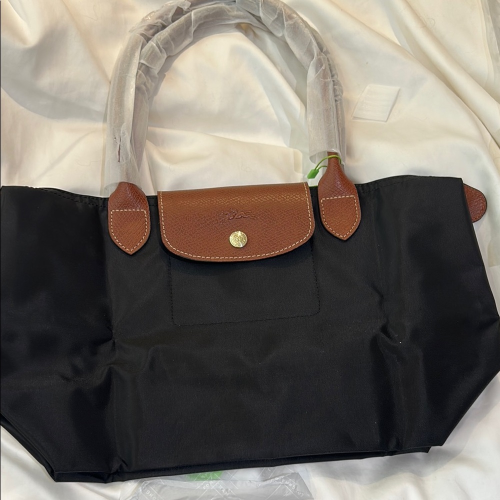 Longchamp Black and Brown Tote with Leather Trim